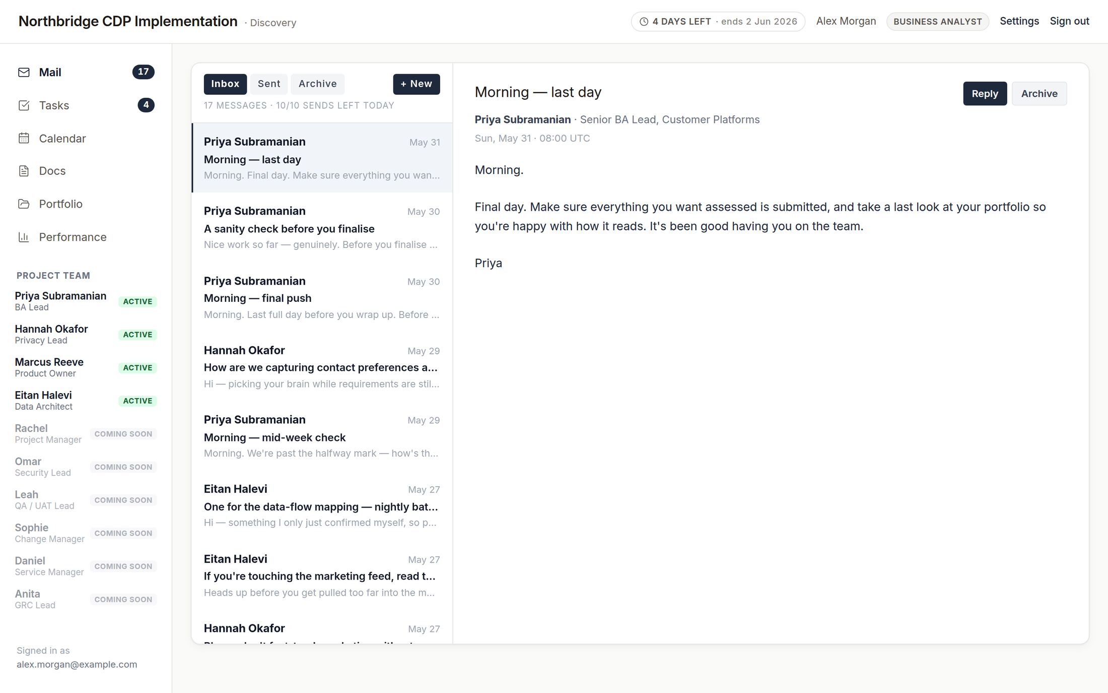 The AI Workplace Simulator workspace: a project inbox of emails from AI colleagues alongside the day's tasks, calendar, documents and a verification panel.